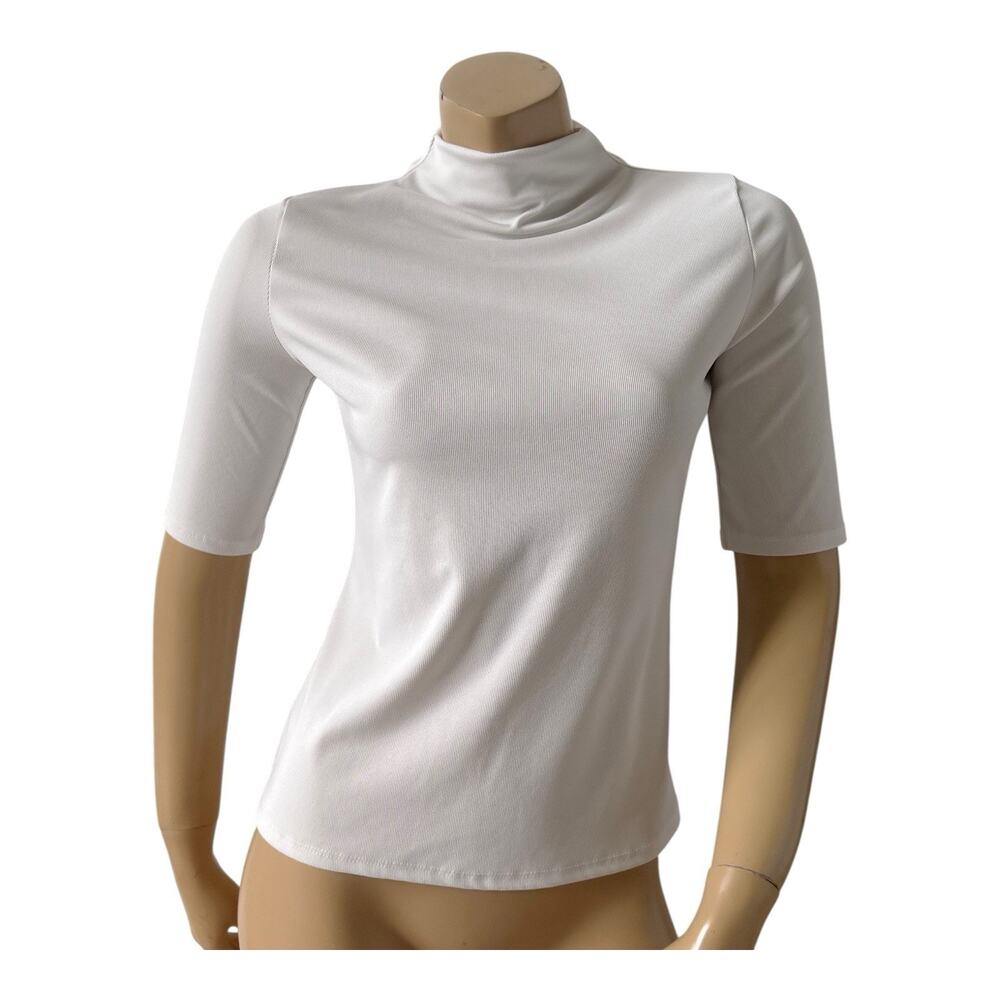 Worthington Mock Neck Top Womens XS White Elbow Sleeve Stretch Ribbed Career